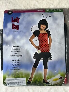 Red and Black Girl's Ladybug Costume Headband, Wings & Leggings Size XL (14-16)